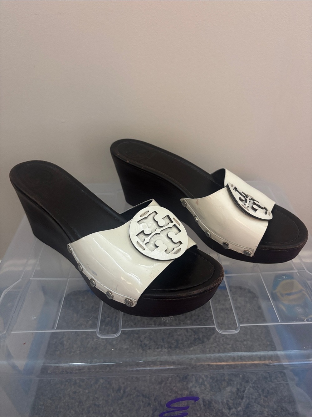 Tory Burch White Patent Logo Wedge Slides
